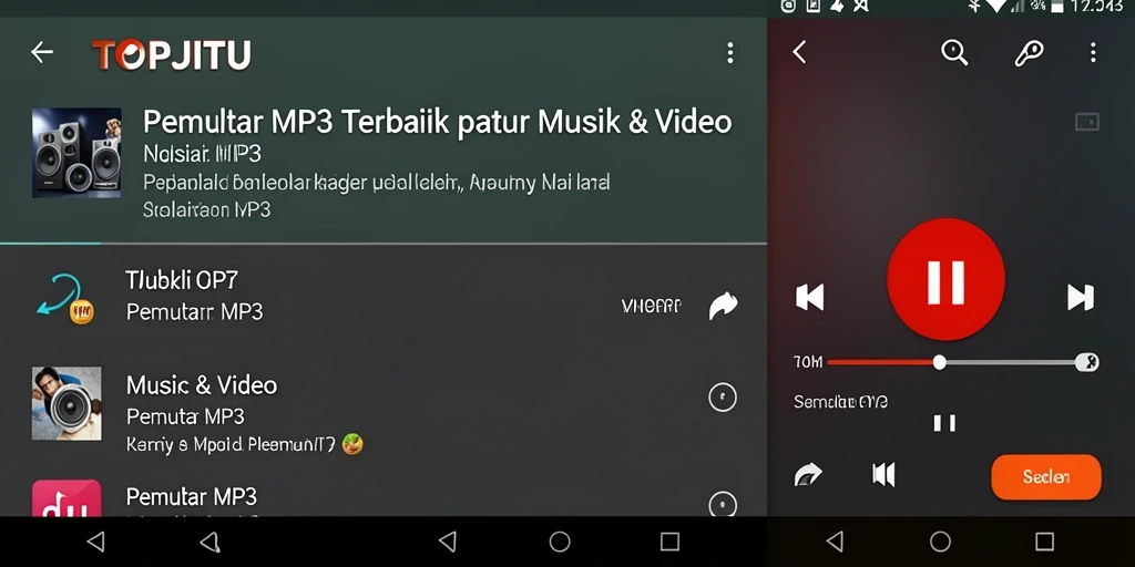 Antarmuka aplikasi TOPJITU menampilkan pemutar MP3 yang intuitif dan menarik.